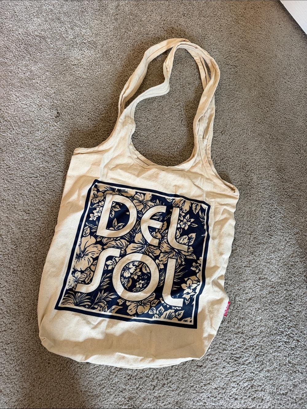 Canvas Floral Logo Tote Bag in Natural with Navy Print